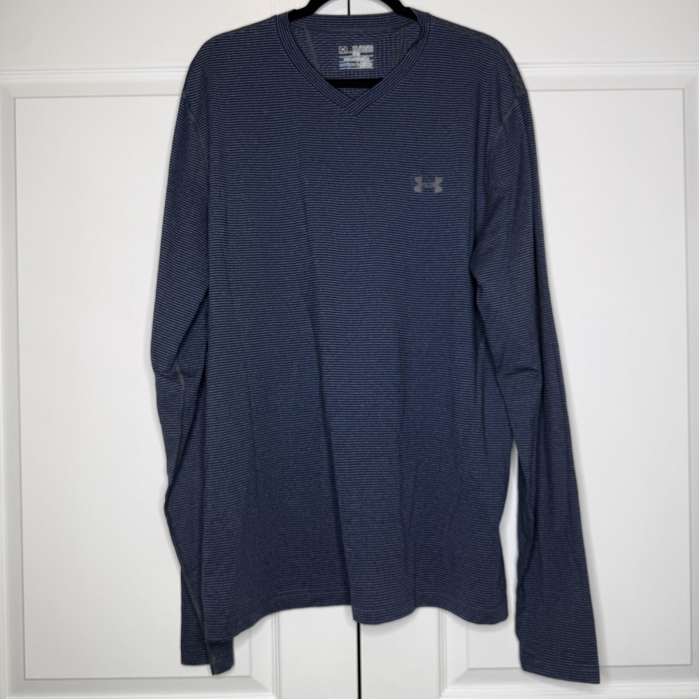 Under Armour ColdGear Shirt Mens 2XL Blue Stripe Long Sleeve V Neck Base‎ Layer